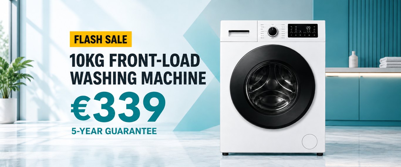 Flash sale — 10kg front-load washing machine, €339, with a 5-year guarantee.