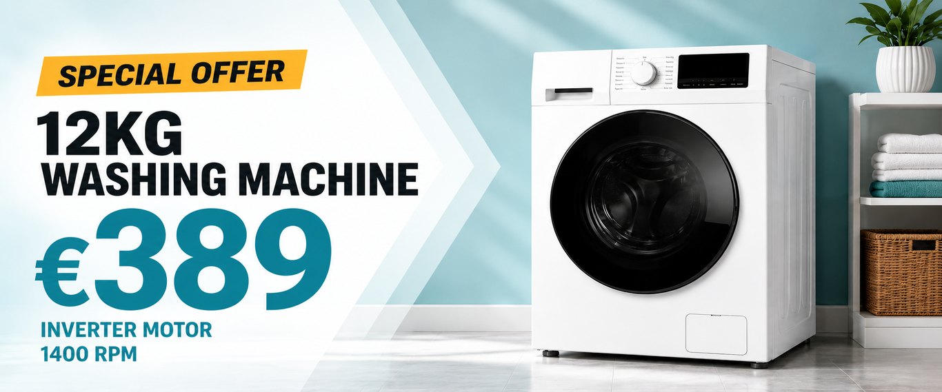 Special offer — 12kg washing machine, €389, inverter motor, 1400 rpm.
