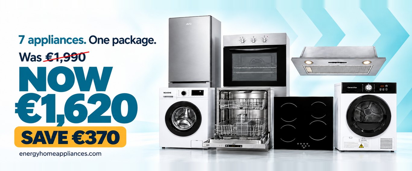 7 appliances, one package: fridge-freezer, built-in oven, extractor hood, washing machine, dishwasher, ceramic hob and tumble dryer. Was €1,990, now €1,620 — save €370, at energyhomeappliances.com.